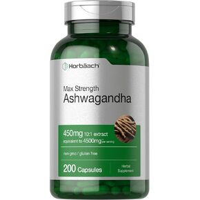Horbäach Ashwagandha Supplement | Max Strength | 200 Capsules | Non-GMO, Gluten Free