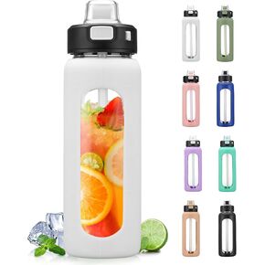 BLUEGO 24oz Glass Water Bottle, Motivational Water Bottle with Time Marker and Straw, Water Bottles with Locking Lid and soft Carry Loop, Borosilicate glass water bottle Jug for Gym, Oliver
