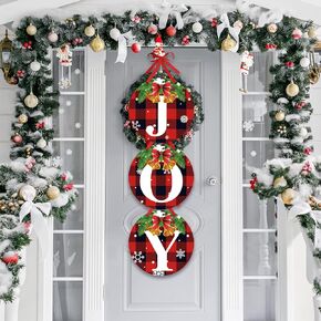 Tatuo Christmas Joy Wreath Hangers Buffalo Check Plaid Christmas Wreath Signs Xmas Felt Hanging Sign with Bell Rustic Christmas Ornament for Christmas Holiday Home Farmhouse Party Decoration Supplies