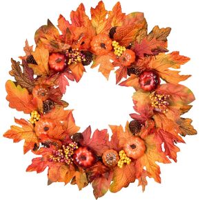 Lvydec Artificial Pumpkin Fall Wreath Decoration - 20" Autumn Wreath with Colorful Maple Leaves Pumpkin Pine Cone and Berries, Harvest Wreath for Front Door Table Wall and Thanksgiving Decoration
