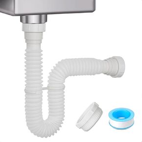 1-1/2" & 1-1/4" P-trap with Adapter, Flexible Sink Drain Pipe, Adjustable P Trap for Bathroom Sink Drain Kit, Kitchen Garbage Disposal, White