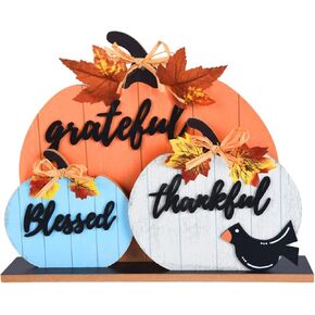 Fall Decorations for Home Farmhouse Wooden Fall Pumpkin Decor Indoor Grateful Thankful Blessed Tabletop Fall Sign Thanksgiving Decorations for Table Fireplace Mantle