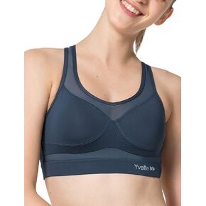 Yvette Sports Bra for Women - High Impact Padded Workout Breathable Bras Sexy Mesh Design,08AGRY, L(DF) Grey Blue