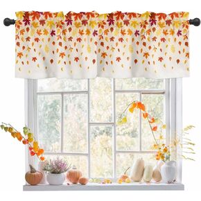Fall Valance for Kitchen,Orange Maple Leaf Curtain Valances for Windows,Thanksgiving Watercolor Rod Pocket Valance,Fallen Leaves Seamless Short Curtains for Bedroom Bathroom Living Room 54x18IN