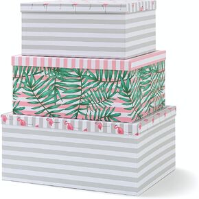 SLPR Decorative Cardboard Pretty Storage Boxes With Lids For Home Décor - Set Of 3: Pink Flamingo Paperboard Nesting Gift Boxes, Palm Leaves Large Picture Boxes For Photo Storage and Keepsakes