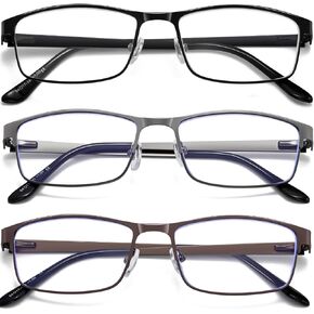Hubeye 3 Pack Blue Light Blocking Reading Glasses for Men Half Frame Metal Computer Readers Spring Hinge Eyeglasses