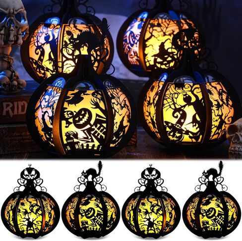 6 قطع من صناديق فانوس الهالوين مع شموع LED على شكل قرع قطع مركزية للطاولة وأضواء اليقطين الورقية مصنوعة يدويًا من فانوس شبح اليقطين على شكل قطة مع أضواء LED لتزيين الهالوين in Kuwait