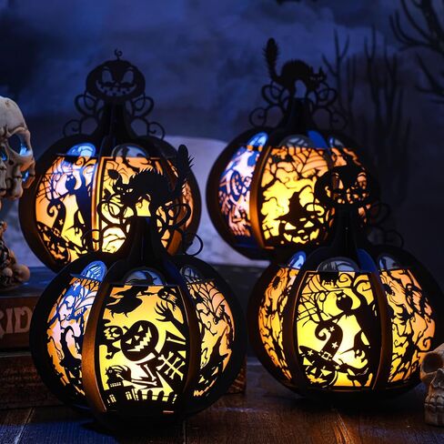 6 قطع من صناديق فانوس الهالوين مع شموع LED على شكل قرع قطع مركزية للطاولة وأضواء اليقطين الورقية مصنوعة يدويًا من فانوس شبح اليقطين على شكل قطة مع أضواء LED لتزيين الهالوين in Kuwait