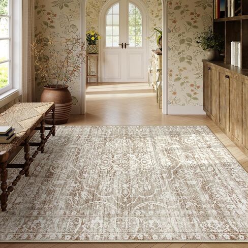 Lahome Washable Rug 6x9 - Floral Large Rugs for Living Room Non Slip Ultra-Thin Soft Bedroom Area Rug, Neutral Boho Print Indoor Farmhouse Stain Resistant Rug for Dining Room Office (Taupe, 6'x9') in Kuwait