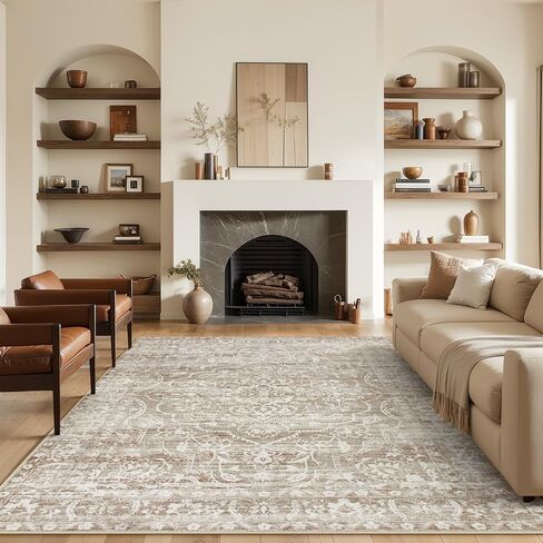 Lahome Washable Rug 6x9 - Floral Large Rugs for Living Room Non Slip Ultra-Thin Soft Bedroom Area Rug, Neutral Boho Print Indoor Farmhouse Stain Resistant Rug for Dining Room Office (Taupe, 6'x9') in Kuwait