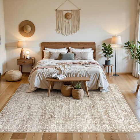 Lahome Washable Rug 6x9 - Floral Large Rugs for Living Room Non Slip Ultra-Thin Soft Bedroom Area Rug, Neutral Boho Print Indoor Farmhouse Stain Resistant Rug for Dining Room Office (Taupe, 6'x9') in Kuwait