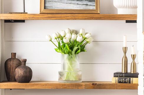 Laurel&Vine Quality Ribbed Glass Vase Set with 20 Realistic Pink Artificial Tulips Flowers. Modern Fluted Clear Vase with Faux Tulips. Entryway Living Room, Dining Table, Shelf, Office Decor Wedding in Kuwait