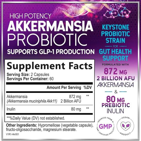 Akkermansia Probiotic Supplement with Prebiotic Inulin Fiber - 2 Billion AFU to Support GLP-1 Production, Digestive Health, Immune Support - Akkermansia Muciniphila Good Gut Health - 120 Capsules in Saudi Arabia