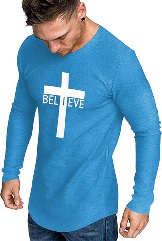 Men's Long Sleeve Crewneck Graphic Tee Believe Cross Print Christian Shirts Workout Shirts in Kuwait