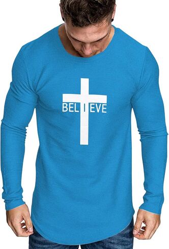 Men's Long Sleeve Crewneck Graphic Tee Believe Cross Print Christian Shirts Workout Shirts in Kuwait