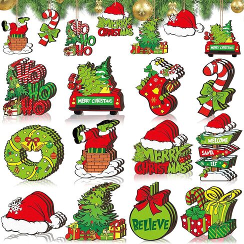 36 Pcs Christmas Wooden Ornaments Lime Green Red Christmas Tree Ornaments Decorative Holiday Wood Cutouts Slices Tag Label Hanging Christmas Decor for Xmas Tree Home Party(Classic Style) in Saudi Arabia