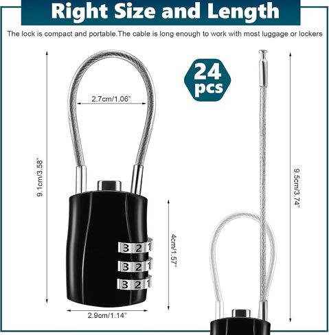 Tandefio 24 Pcs TSA Approved Luggage Locks Combination Travel Lock Cable Baggage Suitcase Lock Keyless Backpack Lock Resettable 3 Digit Padlocks with Zinc Alloy Body for School Gym Locker, Black in Saudi Arabia