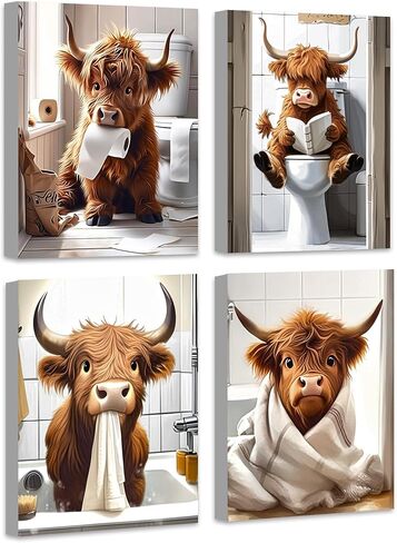Drsoum Cute Highland Cow Bathroom Framed Wall Art Funny Animal Rustic Canvas Prints for Bathroom Restroom Decor 8x10in (Framed) in Saudi Arabia