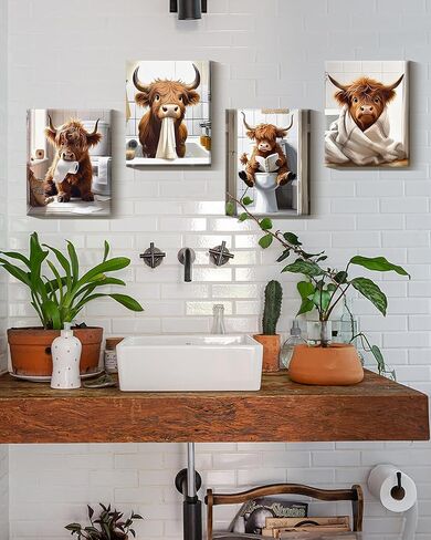Drsoum Cute Highland Cow Bathroom Framed Wall Art Funny Animal Rustic Canvas Prints for Bathroom Restroom Decor 8x10in (Framed) in Saudi Arabia
