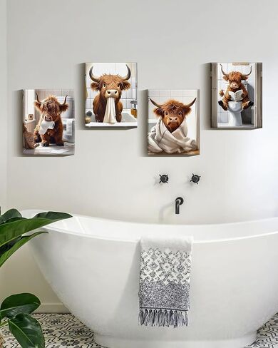 Drsoum Cute Highland Cow Bathroom Framed Wall Art Funny Animal Rustic Canvas Prints for Bathroom Restroom Decor 8x10in (Framed) in Saudi Arabia