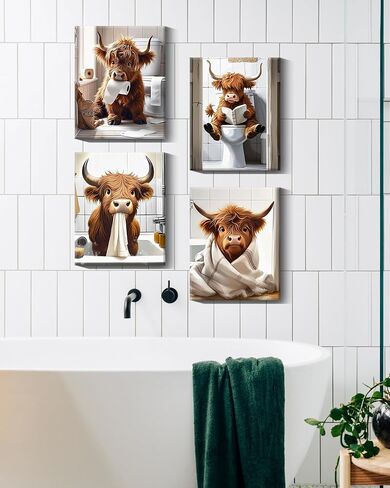 Drsoum Cute Highland Cow Bathroom Framed Wall Art Funny Animal Rustic Canvas Prints for Bathroom Restroom Decor 8x10in (Framed) in Saudi Arabia