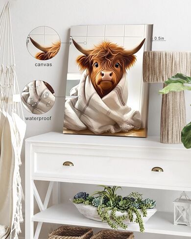 Drsoum Cute Highland Cow Bathroom Framed Wall Art Funny Animal Rustic Canvas Prints for Bathroom Restroom Decor 8x10in (Framed) in Saudi Arabia