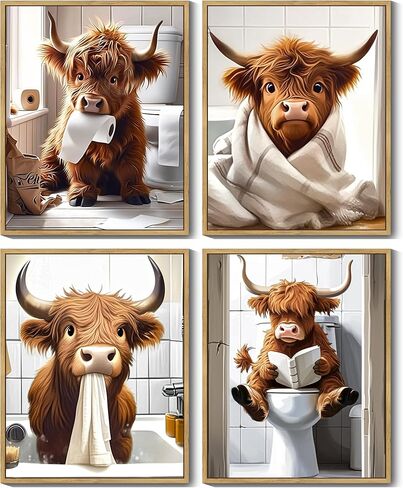 Drsoum Cute Highland Cow Bathroom Framed Wall Art Funny Animal Rustic Canvas Prints for Bathroom Restroom Decor 8x10in (Framed) in Saudi Arabia