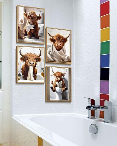 Drsoum Cute Highland Cow Bathroom Framed Wall Art Funny Animal Rustic Canvas Prints for Bathroom Restroom Decor 8x10in (Framed) in Saudi Arabia