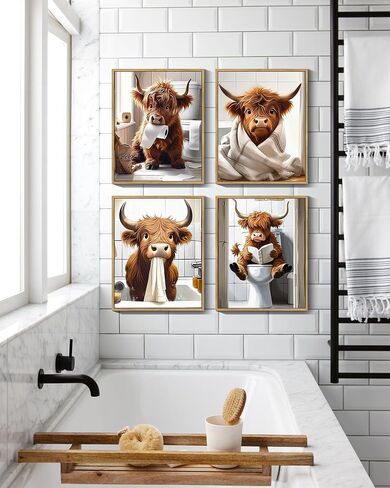 Drsoum Cute Highland Cow Bathroom Framed Wall Art Funny Animal Rustic Canvas Prints for Bathroom Restroom Decor 8x10in (Framed) in Saudi Arabia
