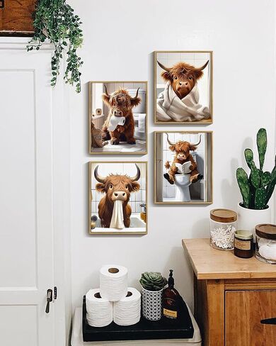 Drsoum Cute Highland Cow Bathroom Framed Wall Art Funny Animal Rustic Canvas Prints for Bathroom Restroom Decor 8x10in (Framed) in Saudi Arabia