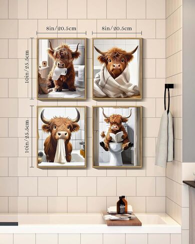 Drsoum Cute Highland Cow Bathroom Framed Wall Art Funny Animal Rustic Canvas Prints for Bathroom Restroom Decor 8x10in (Framed) in Saudi Arabia
