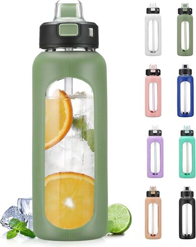 BLUEGO 24oz Glass Water Bottle, Motivational Water Bottle with Time Marker and Straw, Water Bottles with Locking Lid and soft Carry Loop, Borosilicate glass water bottle Jug for Gym, Oliver in Saudi Arabia