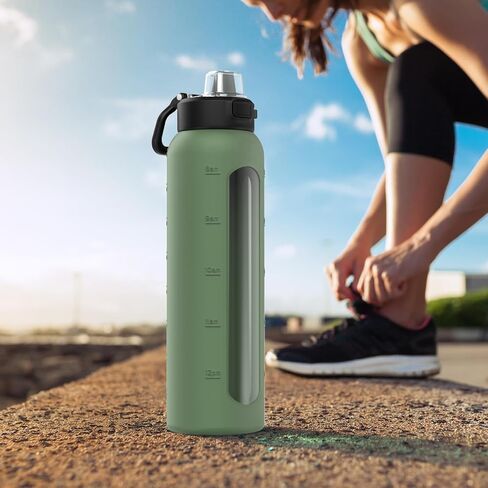 BLUEGO 24oz Glass Water Bottle, Motivational Water Bottle with Time Marker and Straw, Water Bottles with Locking Lid and soft Carry Loop, Borosilicate glass water bottle Jug for Gym, Oliver in Saudi Arabia