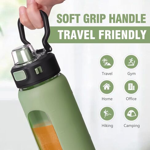 BLUEGO 24oz Glass Water Bottle, Motivational Water Bottle with Time Marker and Straw, Water Bottles with Locking Lid and soft Carry Loop, Borosilicate glass water bottle Jug for Gym, Oliver in Saudi Arabia