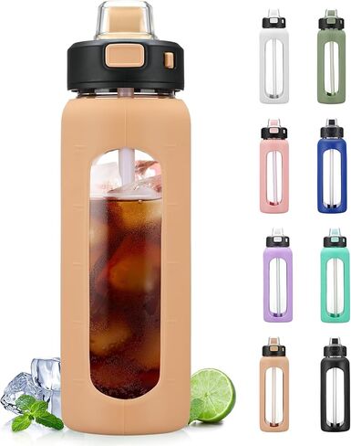 BLUEGO 24oz Glass Water Bottle, Motivational Water Bottle with Time Marker and Straw, Water Bottles with Locking Lid and soft Carry Loop, Borosilicate glass water bottle Jug for Gym, Oliver in Saudi Arabia