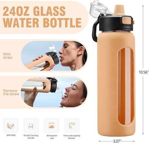BLUEGO 24oz Glass Water Bottle, Motivational Water Bottle with Time Marker and Straw, Water Bottles with Locking Lid and soft Carry Loop, Borosilicate glass water bottle Jug for Gym, Oliver in Saudi Arabia