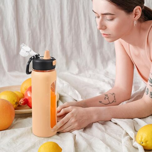 BLUEGO 24oz Glass Water Bottle, Motivational Water Bottle with Time Marker and Straw, Water Bottles with Locking Lid and soft Carry Loop, Borosilicate glass water bottle Jug for Gym, Oliver in Saudi Arabia