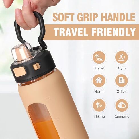 BLUEGO 24oz Glass Water Bottle, Motivational Water Bottle with Time Marker and Straw, Water Bottles with Locking Lid and soft Carry Loop, Borosilicate glass water bottle Jug for Gym, Oliver in Saudi Arabia