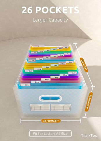ThinkTex 12 Pockets Accordion File Organizer, Upright & Open Top, Monthly Colorful Tabs, Larger Capacity Expanding File Folder, Letter/A4 Size for School, Home and Office - BLACK in Saudi Arabia