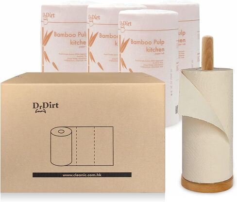 DrDirt Bamboo Paper Towels 5-Pack with Beech Wood Holder - 173 Sheets/Roll, Plastic-Free, Sustainable, Strong & Absorbent Kitchen Towels in Saudi Arabia