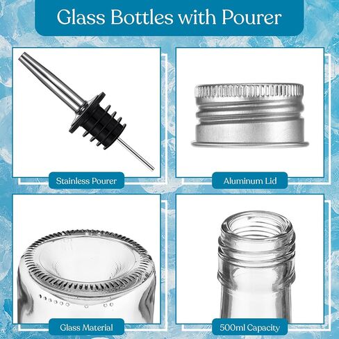 Baderke 8 Pack 17 oz Glass Long Neck Bottles with Pourer and Caps Glass Bar Juice Pour Bottles Syrup Bottles with Stainless Steel Bottle Pourer Tapered Spout for Liquor Wine Juice Snowcone Syrup in Saudi Arabia