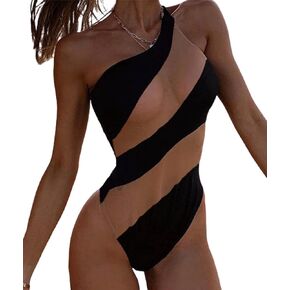 Women's One Shoulder Mesh See Through Swimsuit Sleeveless Striped Color Block Transparent One Piece Bathing Suits