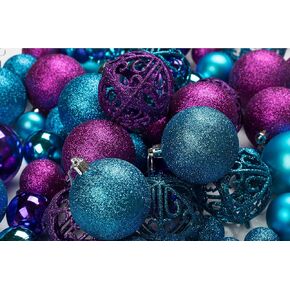 100 Purple and Blue Christmas Ornament Balls Shatterproof + 100 Metal Ornament Hooks, Hanging Ornaments for Indoor/Outdoor Xmas Christmas Tree, Holiday Party, Home Décor Sizes, 1.2" 1.6" & 2.4"