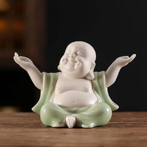 Houlu Small White Laughing Buddha Statue for Home Decor, Ceramic Happy Buddha Statue Indoor for Good Luck