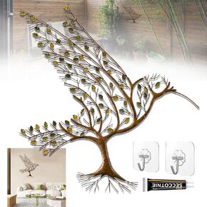 Metal Wall Art Hummingbird with Branches Leaves Bird Ornaments for Indoor or Outdoor Wall Hanging Decor
