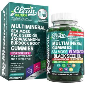 Sea Moss Black Seed Oil Gummies with Ashwagandha, Elderberry, Burdock Root, Chlorella, Manuka Honey - Vegan Gummy Vitamins for Adults Kids Men Women - Multimineral Green Apple Flavor by Clean Nutra