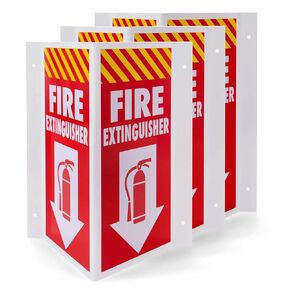3D Fire Extinguisher Sign, 3 Pack - Plastic Pre-Drilled Safety Wall Panel for Indoor & Outdoor Use - Projection Angle Warning Legend for Restaurant, Business, Home Security & Prevention, 10" x 8" x 4"