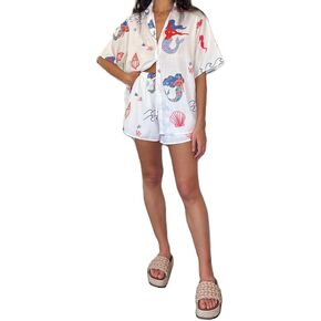 Juakoso Y2K Women Vintage Graffiti 2 Pieces Shorts Sets Floral Fruit Print Short Sleeve Shirt and Shorts Beachwear Tracksuit
