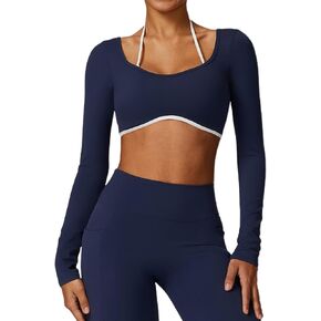 Women's Workout Crop Tops Halter Long Sleeve Backless Padded Sports Bra Gym Yoga Top T Shirts