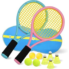 Kids Tennis Racket, 17 Inch Plastic Tennis Racket with 2 Tennis Balls, 2 Soft Balls and 4 Badminton Balls, Suitable for Kids, Toddlers Outdoor/Indoor Sports (Blue&Pink)
